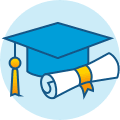 Graduation cap and diploma, symbolizing education, on blue background.